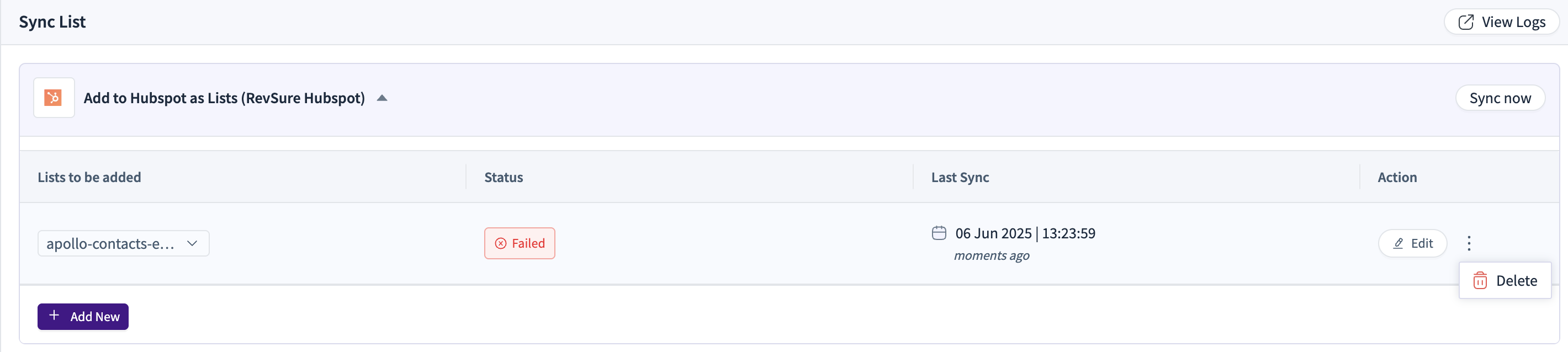 Sync list interface showing failed status for adding contacts to HubSpot.